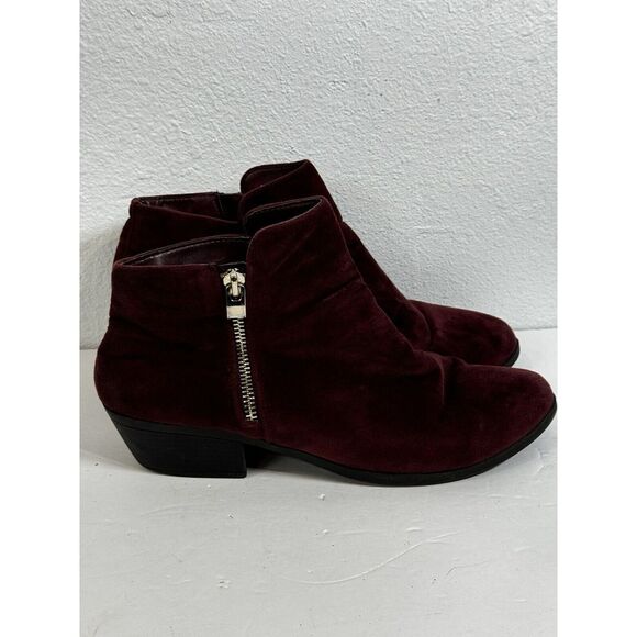 CALL IT SPRING Burgundy Velvet Side Zip Block Heel Ankle Boots Women's Size 9 - Picture 2 of 14